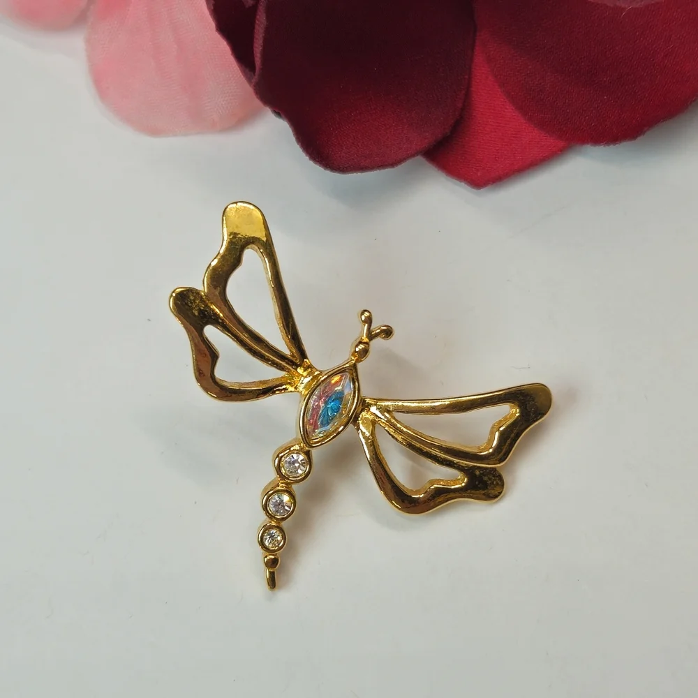 Vintage Avon AB Crystal Gold Tone Dragonfly Pin or Brooch